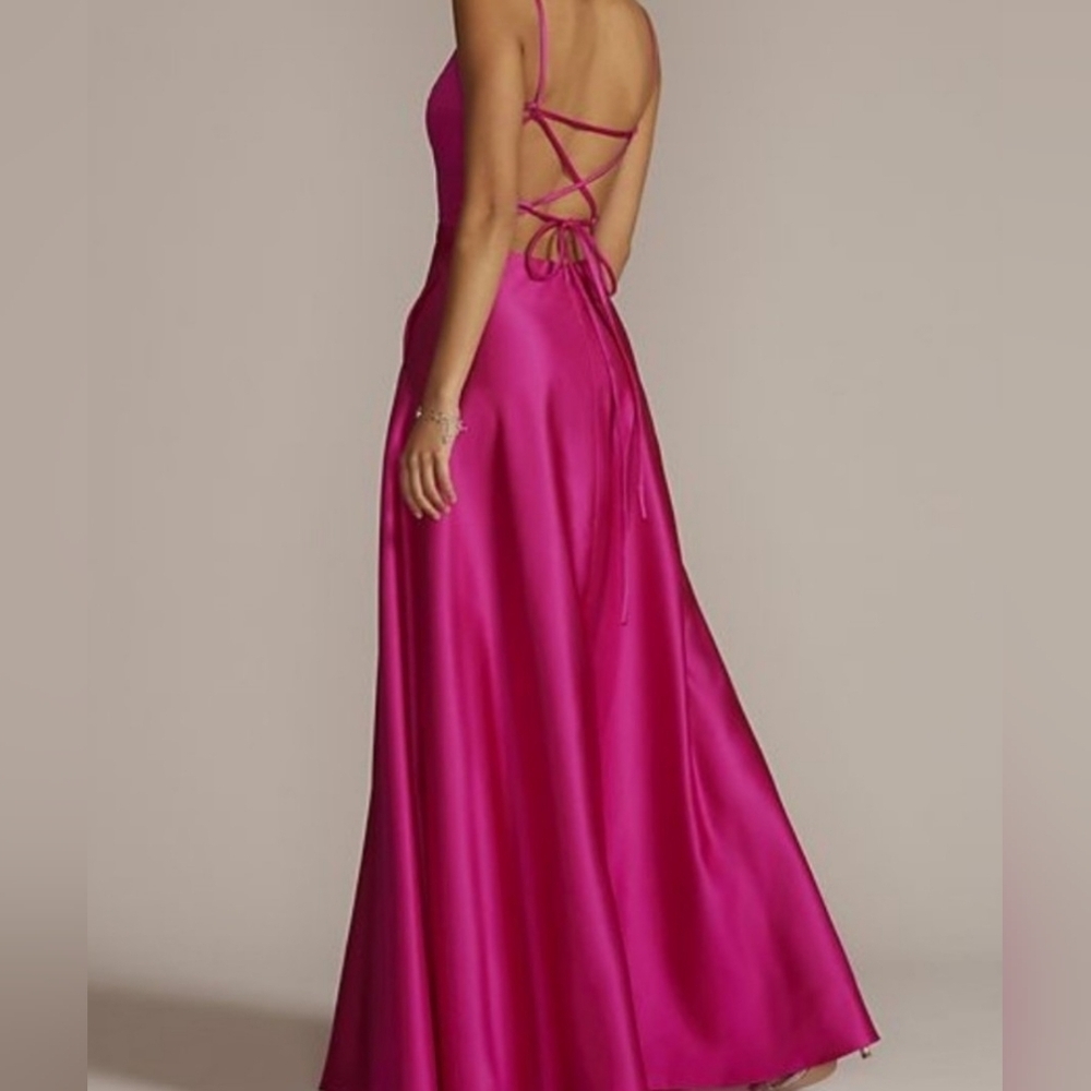 JULES AND CLEO DAVID'S BRIDAL Satin Spaghetti Strap A Line Dress Hot Pink Size 4 - Picture 13 of 15